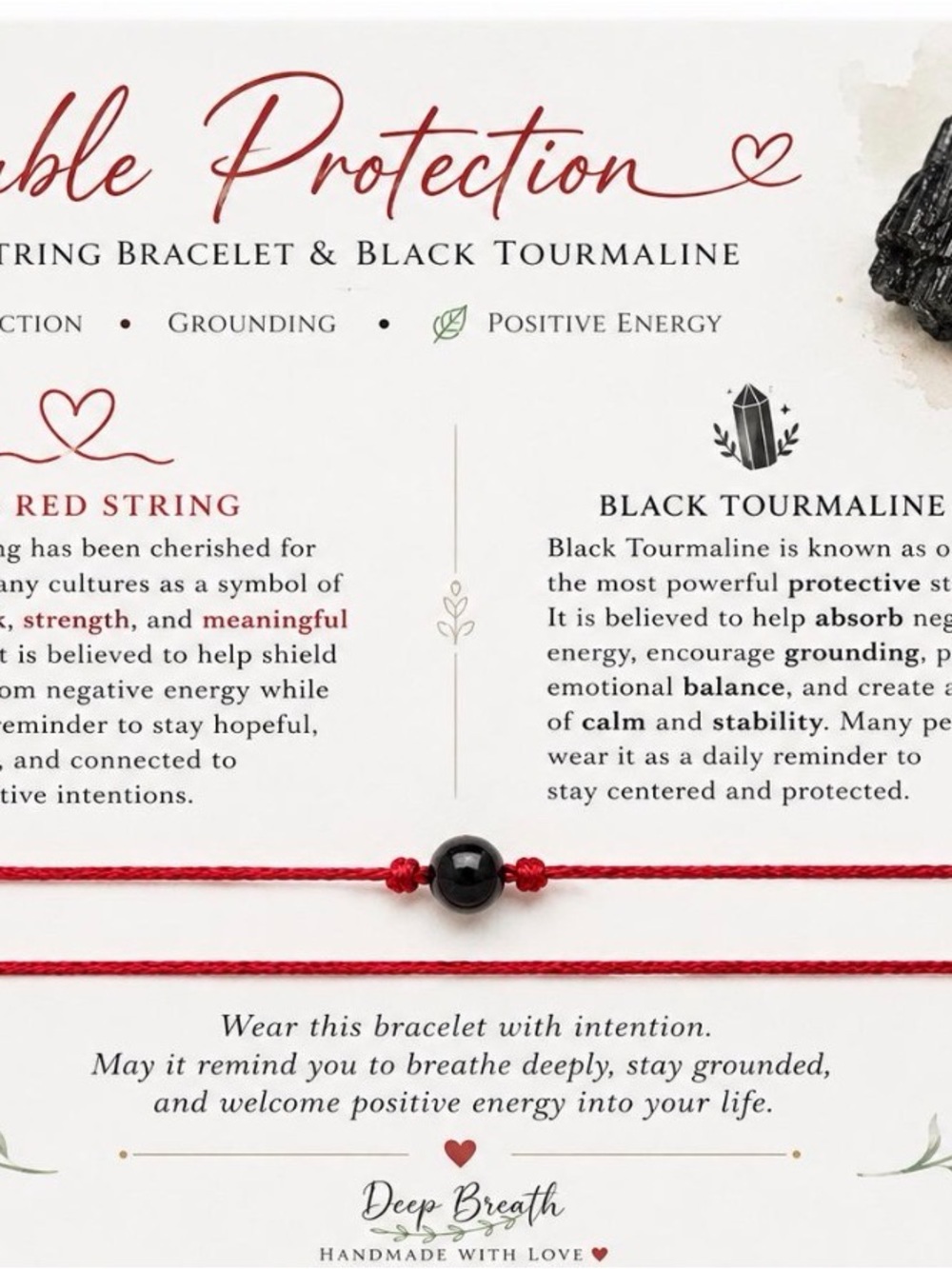 Breath Red String Bracelet with Black Tourmaline, protection bracelet , energy